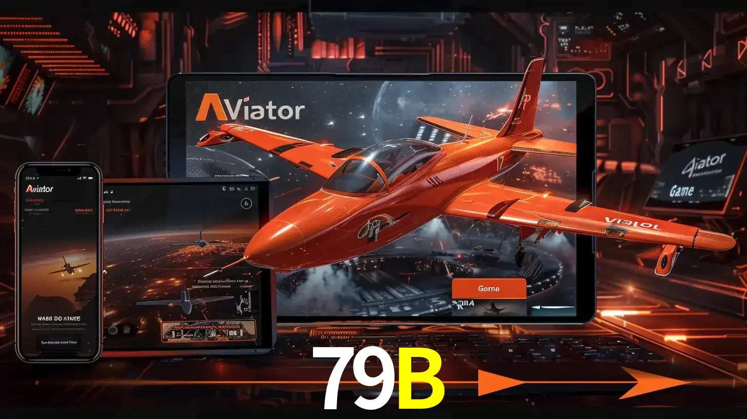 Apresentação tecnológica do jogo Aviator com um avião saindo da tela de um tablet, demonstrando a experiência imersiva em múltiplos dispositivos no 79B.