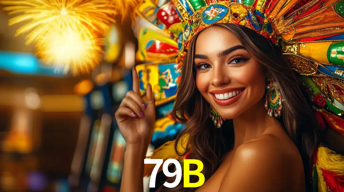 Mulher sorridente com um cocar de carnaval vibrante e colorido, celebrando uma grande vitória nos jogos do cassino 79B com fogos de artifício ao fundo.