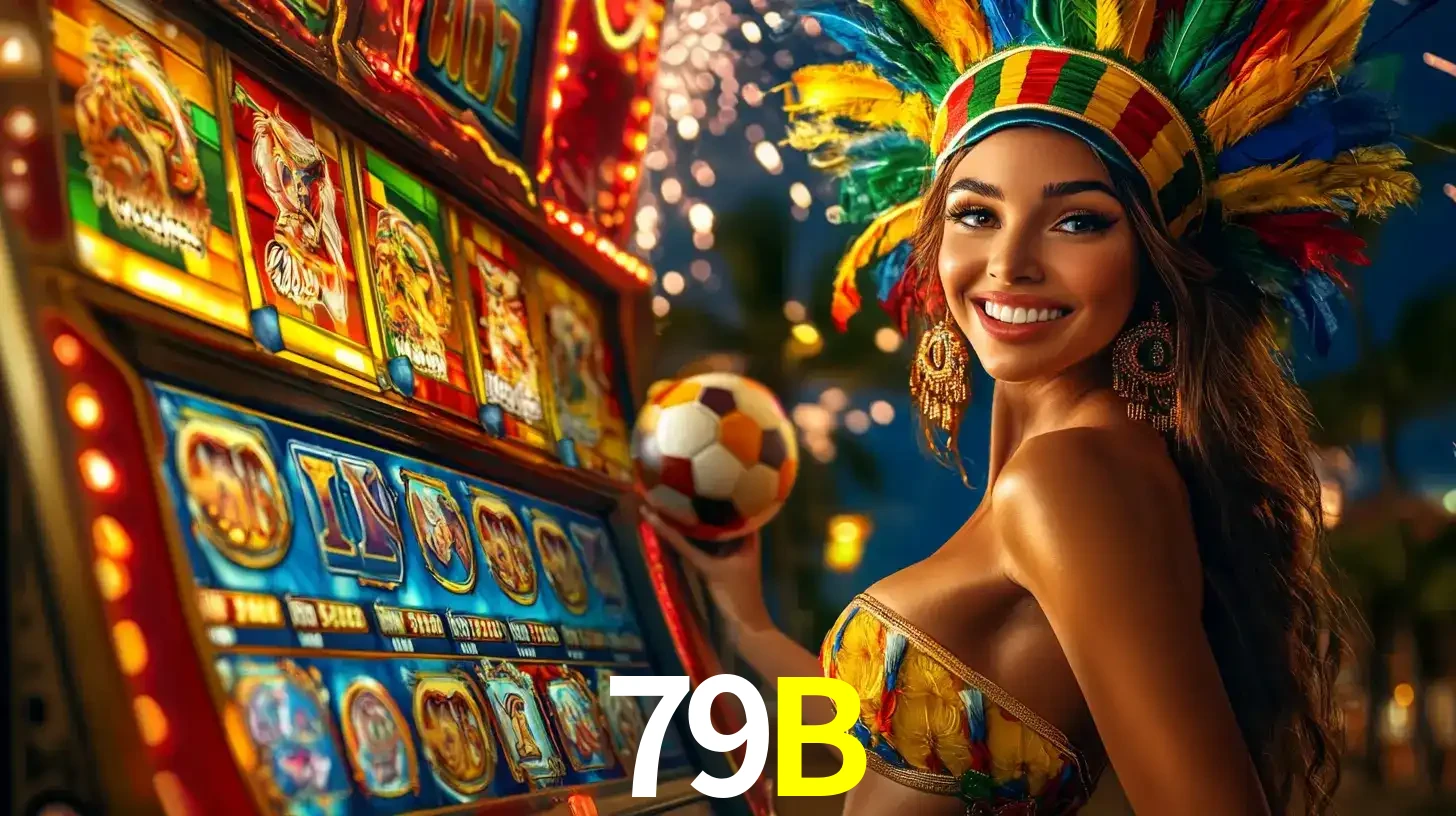 Mulher com um cocar de carnaval ao lado de uma máquina de caça-níqueis enquanto segura uma bola de futebol, mostrando a união da diversão de cassino e esportes no 79B.