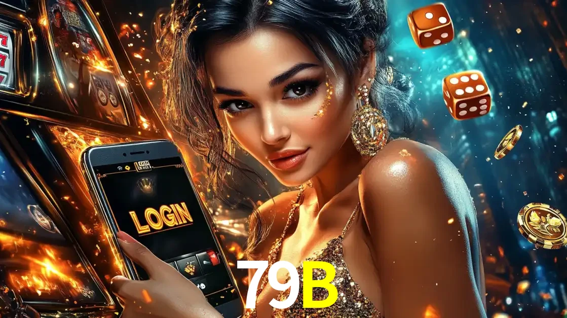 Mulher glamourosa segurando um celular com a tela de login do cassino 79B, rodeada por dados e moedas douradas, pronta para começar a diversão.