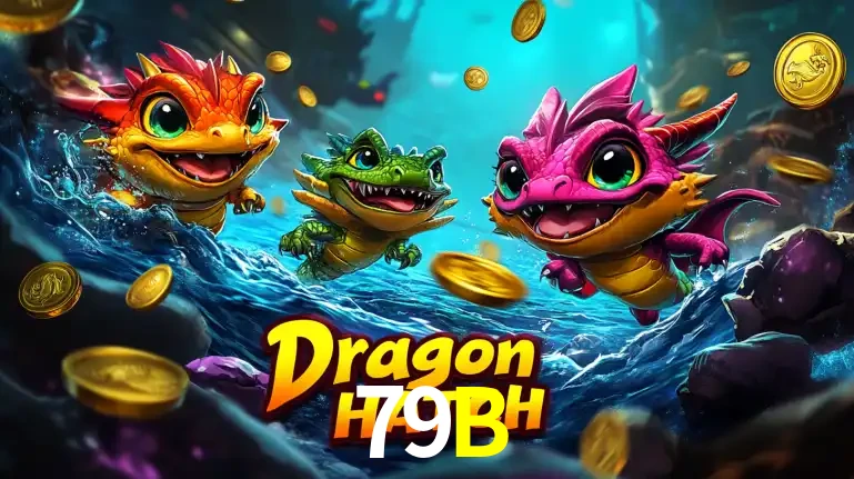 Arte promocional do jogo Dragon Hatch com três adoráveis dragões bebês nadando entre moedas de ouro, um dos slots mais divertidos para jogar no cassino 79B.