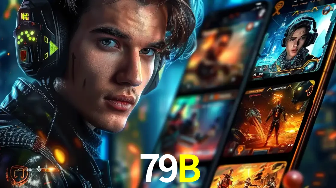 Jovem jogador com fones de ouvido olhando para a câmera, com um aplicativo de jogos e e-sports para celular ao fundo, pronto para a competição e apostas no 79B.