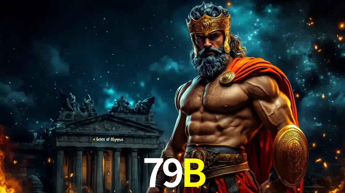 O poderoso Zeus do jogo de slot Gates of Olympus em frente ao seu templo, pronto para lançar multiplicadores divinos e prêmios épicos no cassino online 79B.