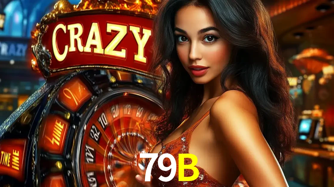Mulher glamourosa olhando para a câmera com a roda vermelha do Crazy Time ao fundo em um ambiente de cassino, destacando a emoção dos jogos ao vivo no 79B.