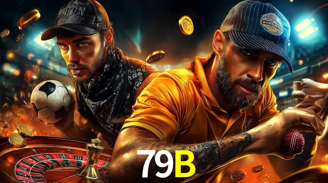 Montagem de apostas esportivas e cassino no 79B, com um homem segurando uma bola de futebol e outro uma de beisebol sobre uma roleta e moedas voadoras.