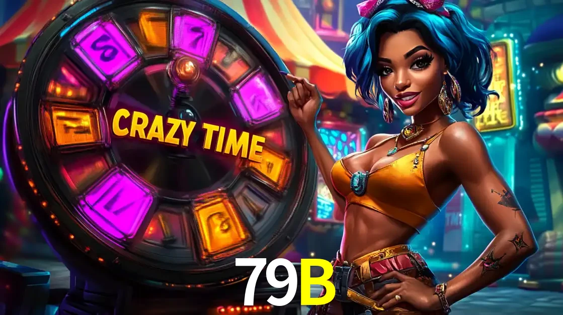 Mulher estilizada com cabelo azul e visual vibrante posando ao lado da roda de prêmios do game show Crazy Time, convidando para a diversão e os bônus do cassino 79B.