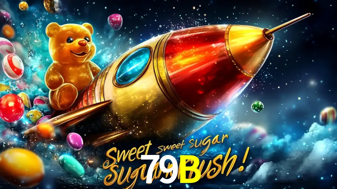 Arte promocional do jogo de slot Sugar Rush, com um urso de pelúcia em um foguete viajando pelo espaço de doces, um dos jogos divertidos disponíveis no cassino 79B.