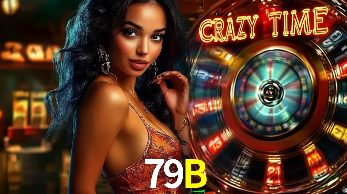 Mulher elegante ao lado da vibrante roda da fortuna do jogo de cassino ao vivo Crazy Time, um dos game shows mais populares e cheios de prêmios do 79B.