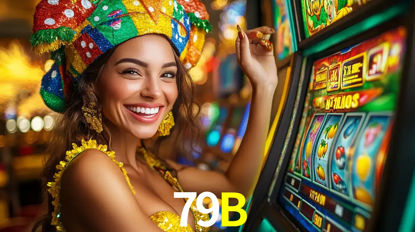 Mulher feliz com traje de carnaval amarelo e colorido ao lado de uma máquina de caça-níqueis, aproveitando a diversão e os jogos temáticos do cassino 79B.