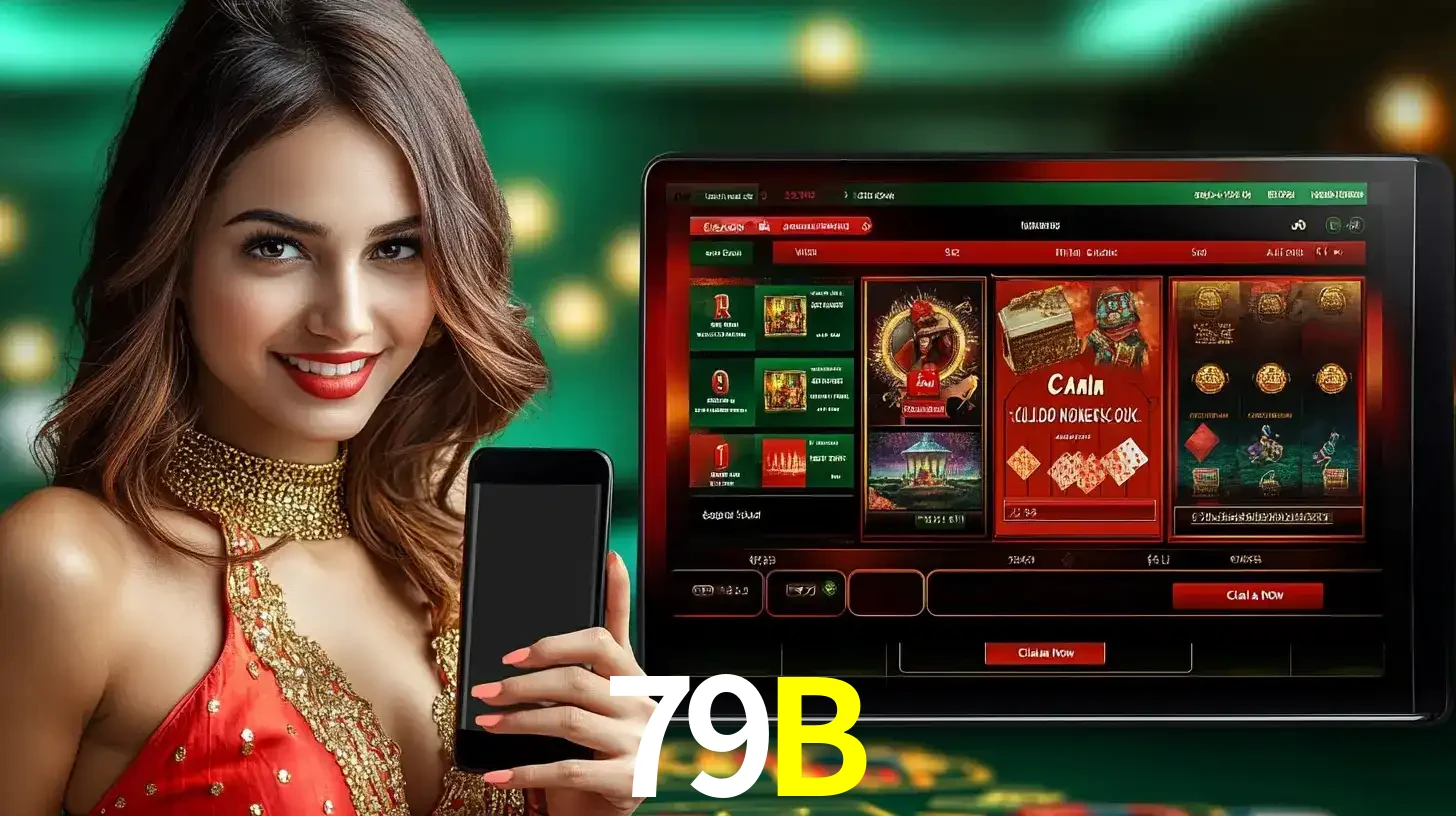 Mulher sorridente segurando um smartphone, ao lado de uma tela exibindo o lobby de jogos do cassino online 79B, com várias opções de jogos de cartas e slots.