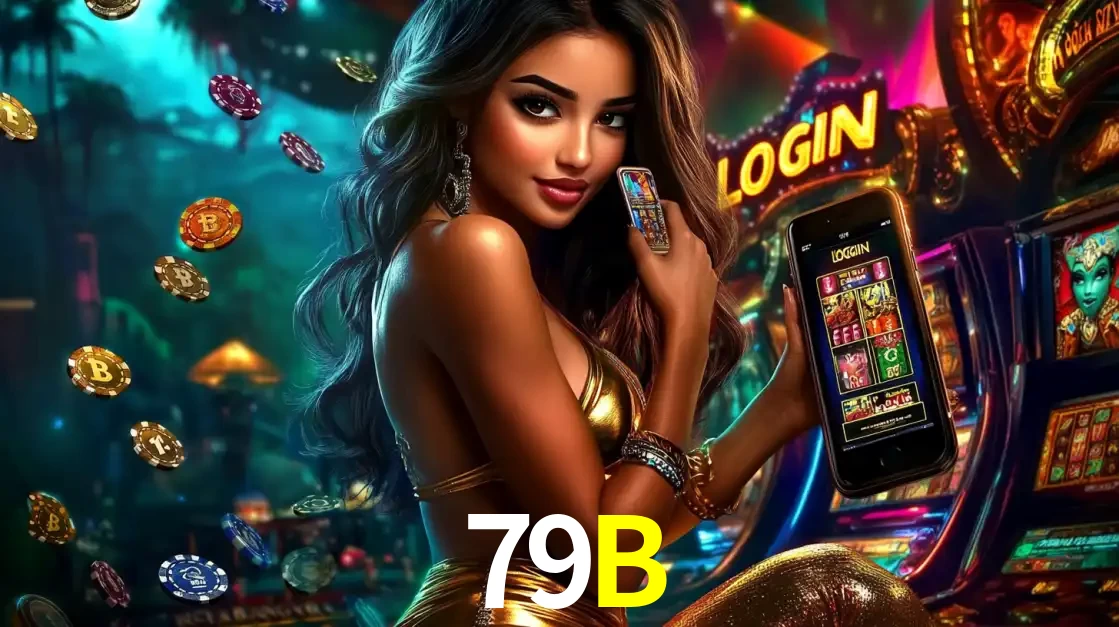 Mulher em um cenário de cassino temático de aventura, mostrando o app de caça-níqueis da 79B no celular. Fichas de apostas flutuam ao redor.