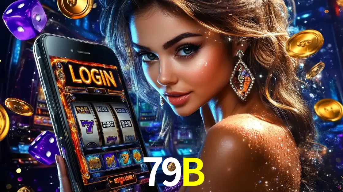 Mulher glamorosa segurando um smartphone com a tela de login para os jogos de caça-níqueis do cassino online 79B, com moedas de ouro e dados ao redor.