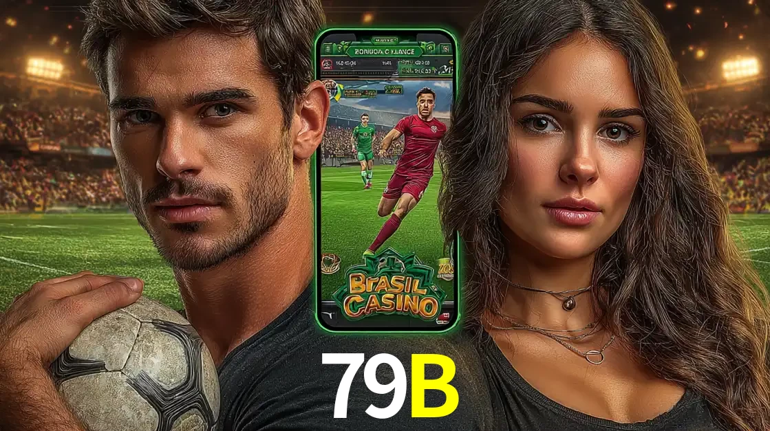 Homem segurando uma bola de futebol e uma mulher ao lado de um smartphone exibindo o jogo de apostas esportivas da 79B. Faça seu palpite no cassino online.